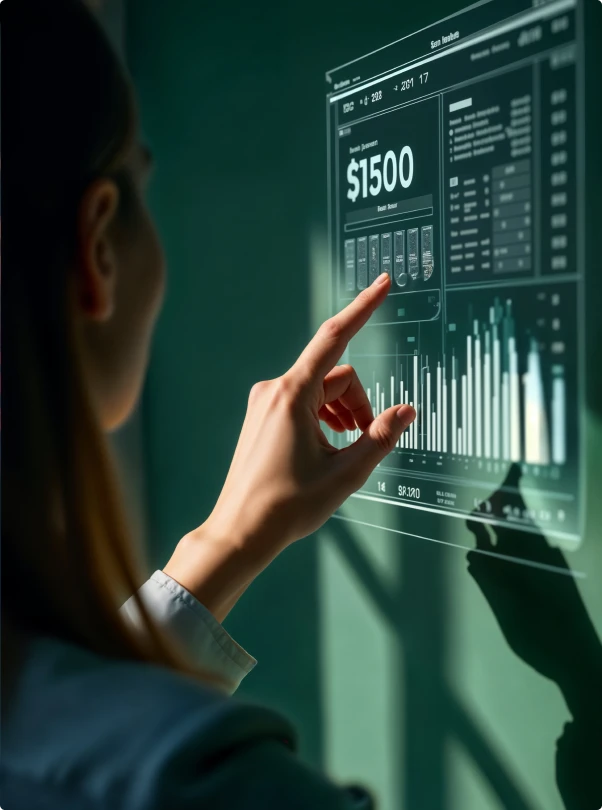 Finger touching a transparent screen showing a $1500 figure and bar charts