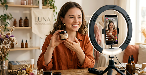 Creator filming a skincare product review with a ring light and phone
