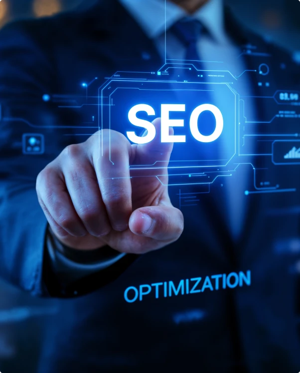 Businessman touching a glowing SEO optimization interface
