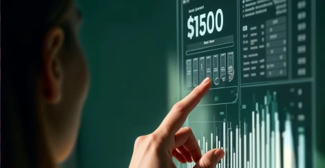 Finger touching a digital dashboard of cost figures and bar charts
