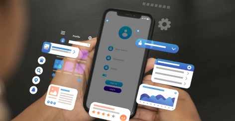 Phone surrounded by floating social profile and post panels