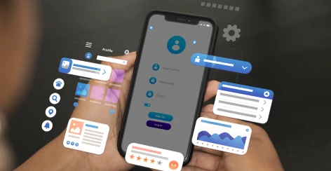 Hands holding a phone surrounded by floating social app interface cards