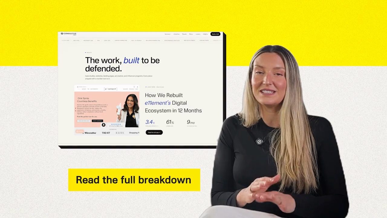 Presenter beside the e11ement case study page, from the case study video