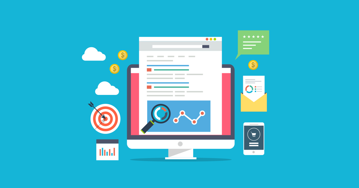 Graphic depiction of computer screen with different types of marketing initiatives around it