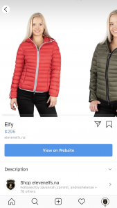Screenshot of Instagram Shopping image of two options of ElevenElfs Elfy vegan down jacket in Red and Olive.
