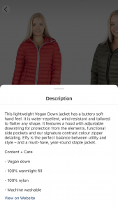Screenshot of image showing description of ElevenElfs Elfy vegan down jacket.