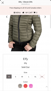 Screenshot of image of ElevenElfs Elfy vegan down jacket in Olive with sizing.