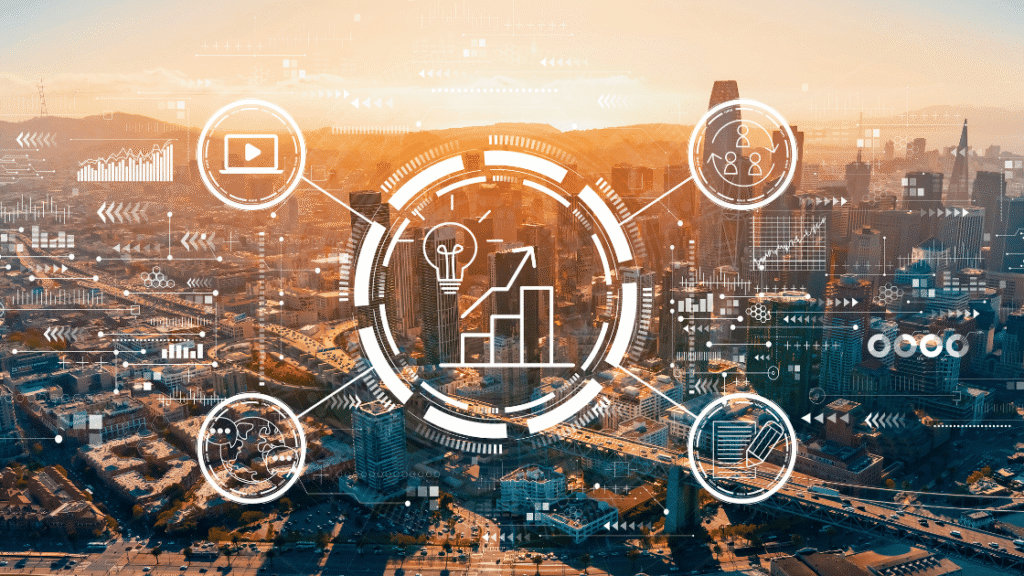 Generate Leads With Content Marketing - cityscape with graphic overlay