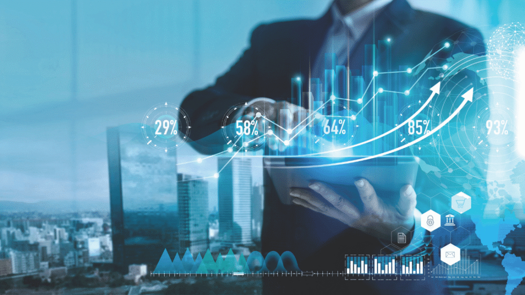 buildings in the background with many pointing at digital bar graphs showing increases because growth marketing strategies