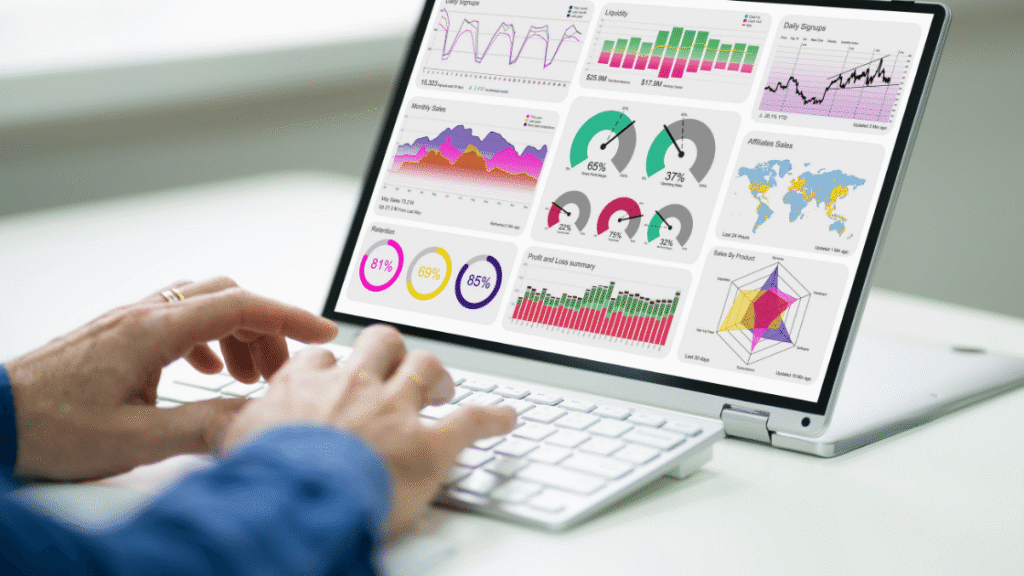 Hand over keyboard and tablet with 9 types of google analytics 4 graphs loaded on screen