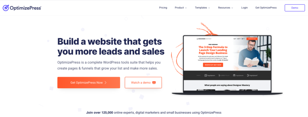 Screenshot of OptimizePress home page, one of the best conversion rate optimization tools used by digital marketers.