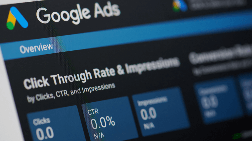 Google Ads campaign screen outlining click through rate and impressions