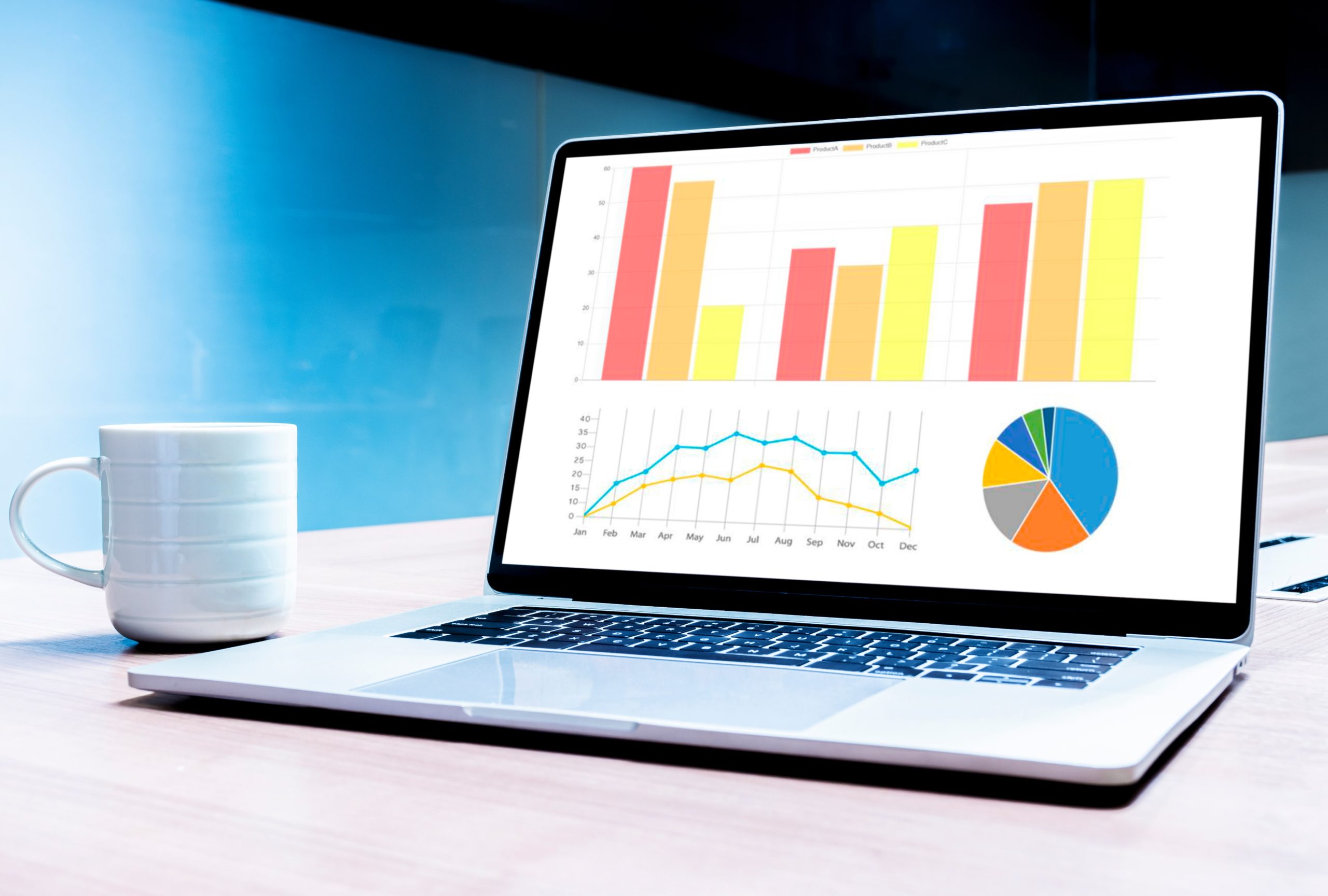 Computer screen displaying examples of visual charts to understand data.