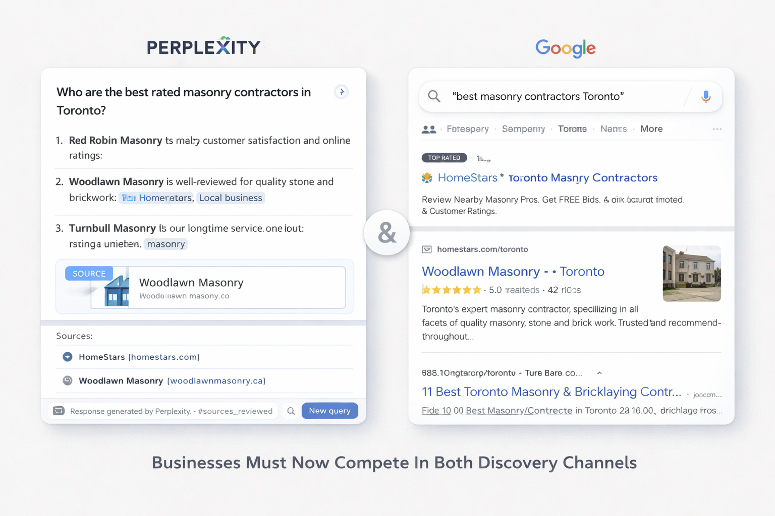 A Perplexity answer and a Google results page side by side for searches about the best masonry contractors in Toronto, captioned 'Businesses must now compete in both discovery channels'