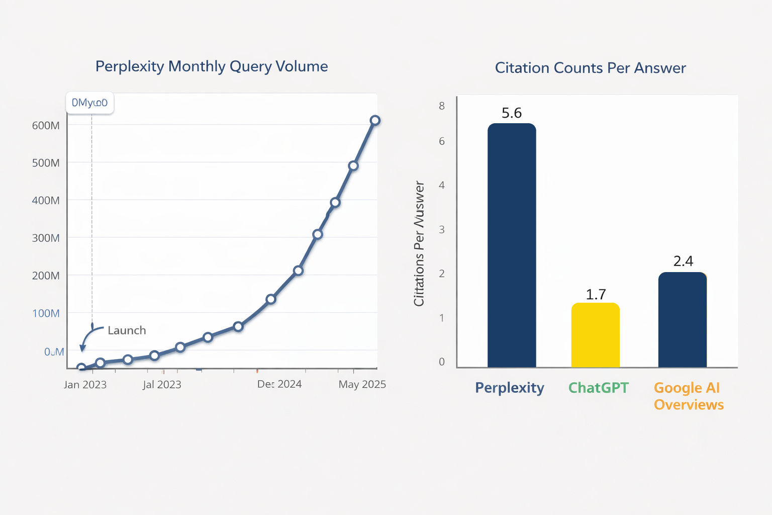 Two charts: Perplexity monthly query volume rising steeply from its January 2023 launch to May 2025, and citations per answer of 5.6 for Perplexity, 1.7 for ChatGPT and 2.4 for Google AI Overviews