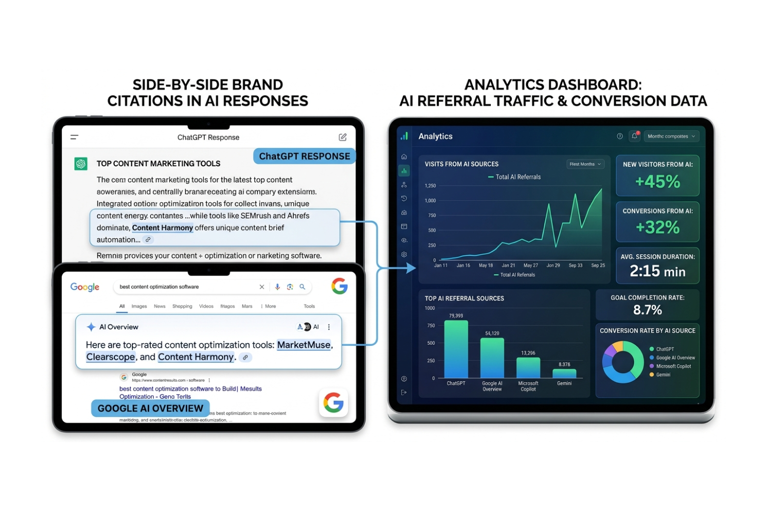 Brand citations in ChatGPT and Google AI Overview answers side by side with an analytics dashboard of AI referral traffic and conversions