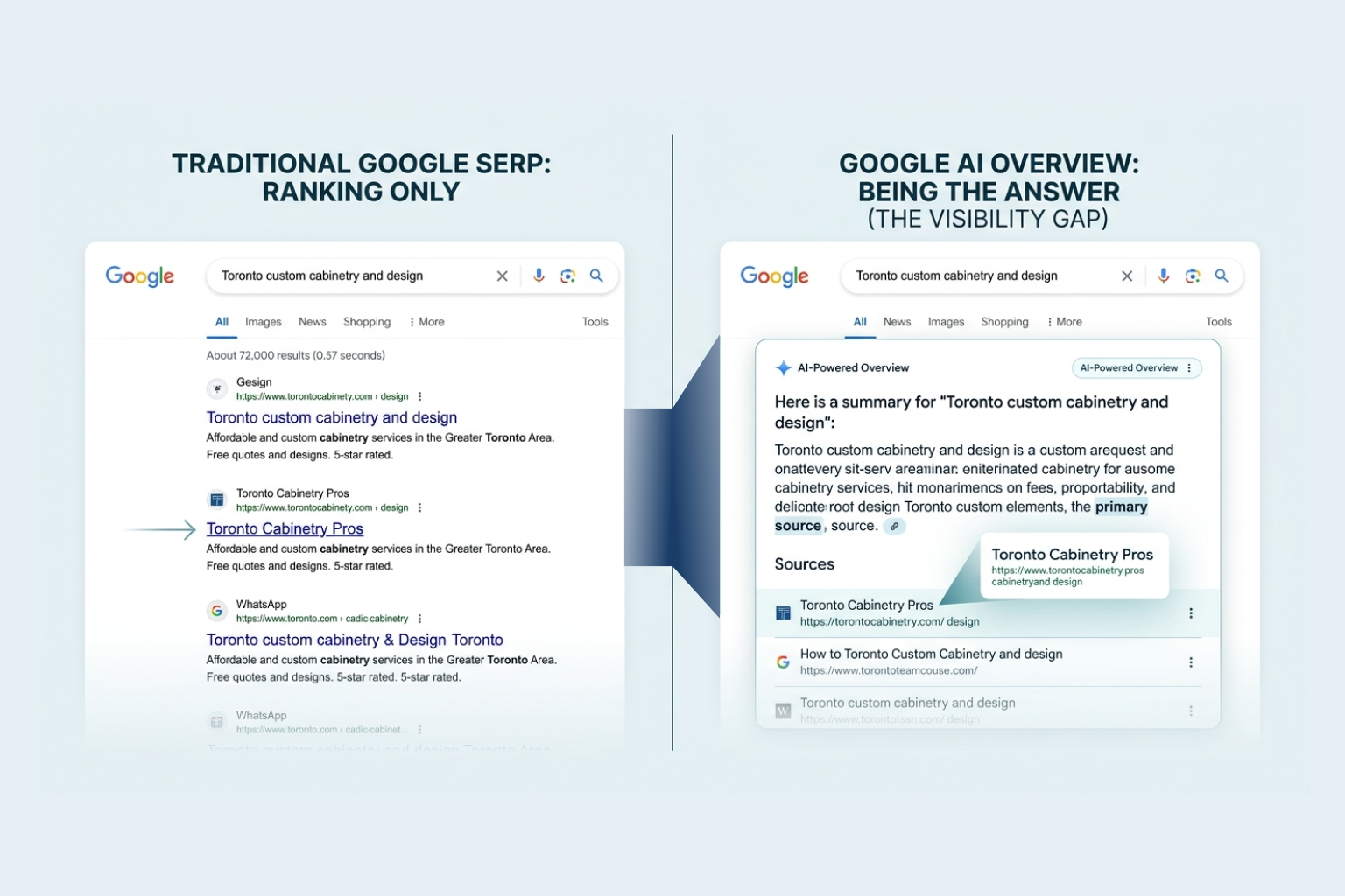 Two Google results pages for 'Toronto custom cabinetry and design': a traditional page that only ranks sites, and an AI Overview that answers directly and cites its sources