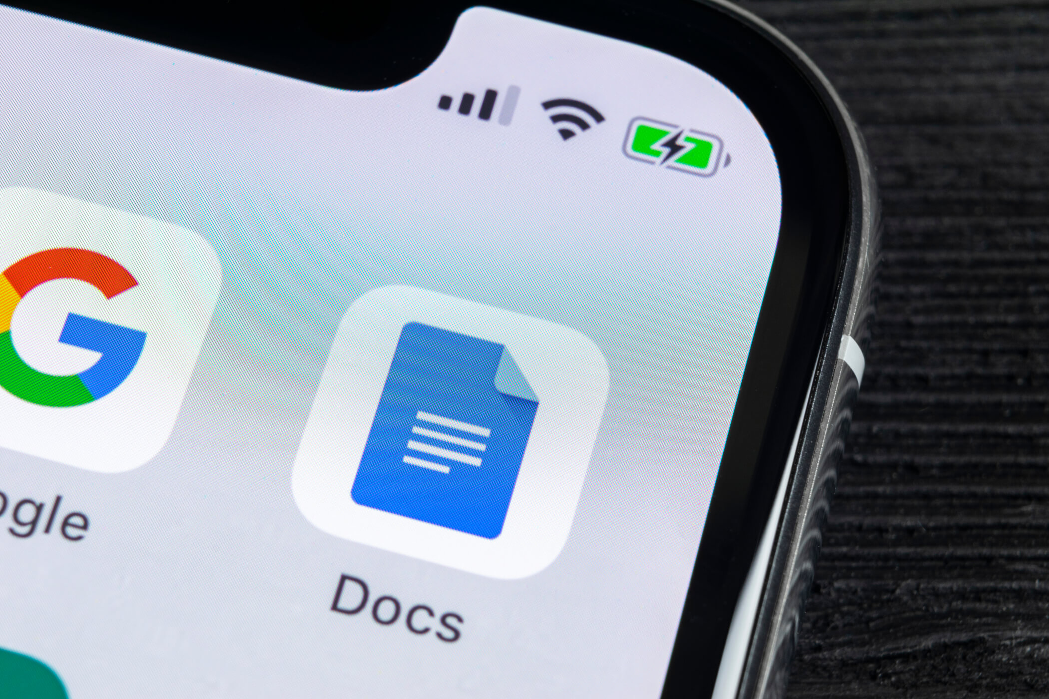 Close up of the Google Docs app on a phone
